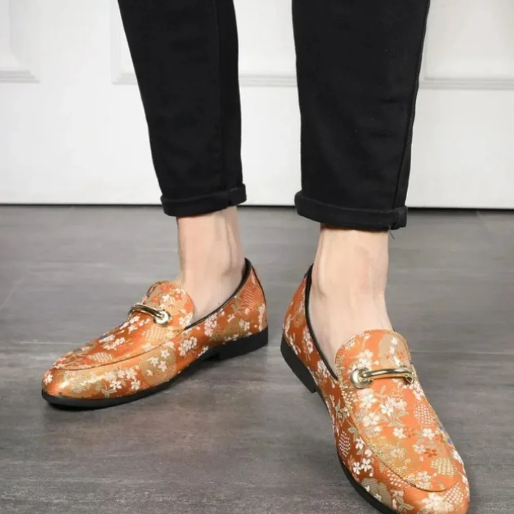 Santimon Men's US 12.5 Orange Floral Embroidery Loafers with Gold Buckle Stylish
